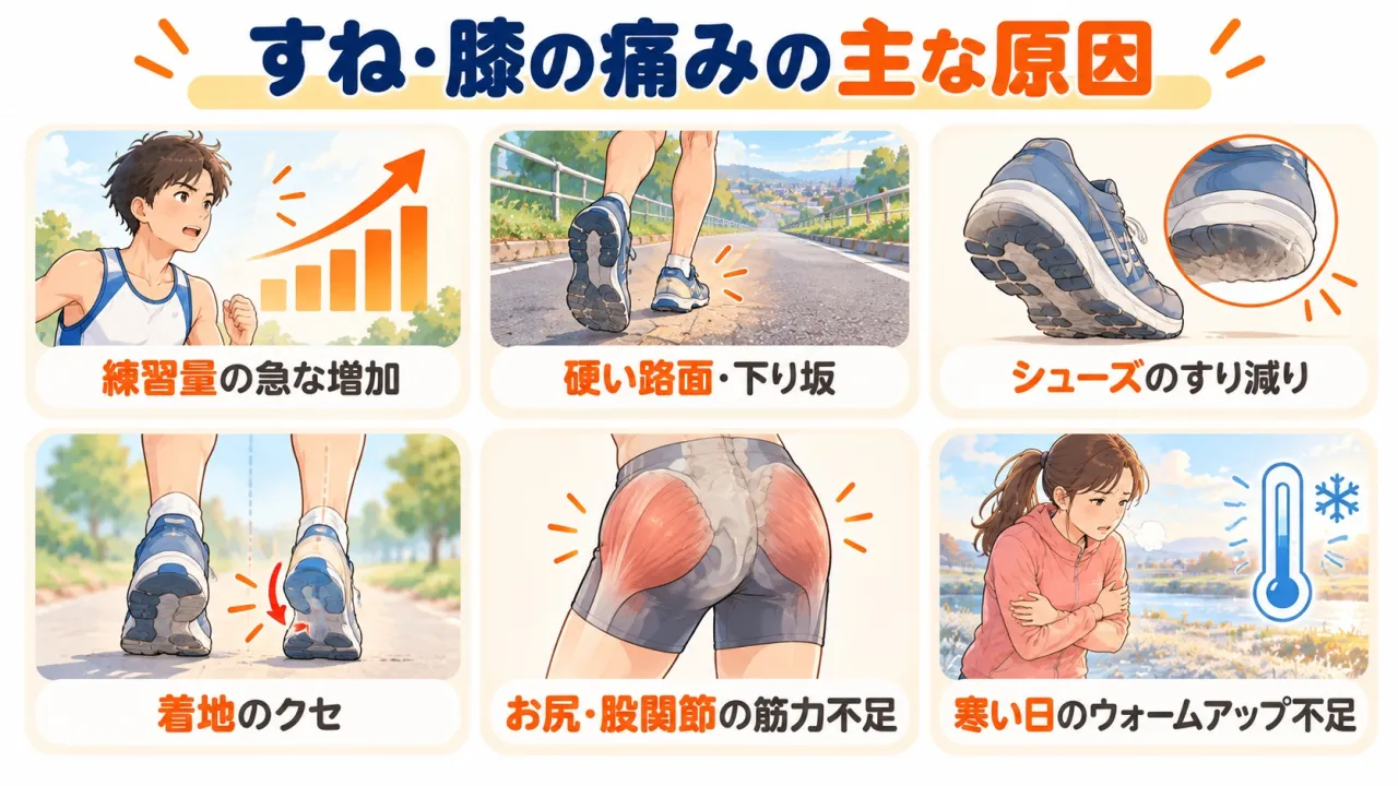 すね・膝の痛みの原因となる練習量や路面、シューズ